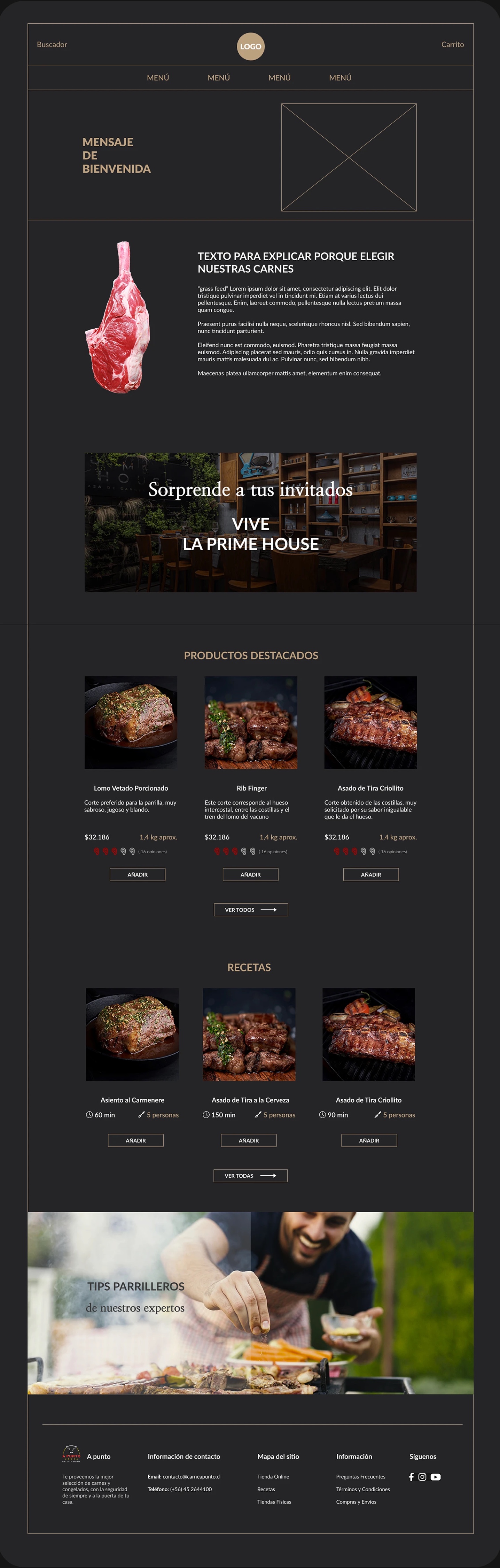 Home proposal: wireframe with hero, featured products and recipes
