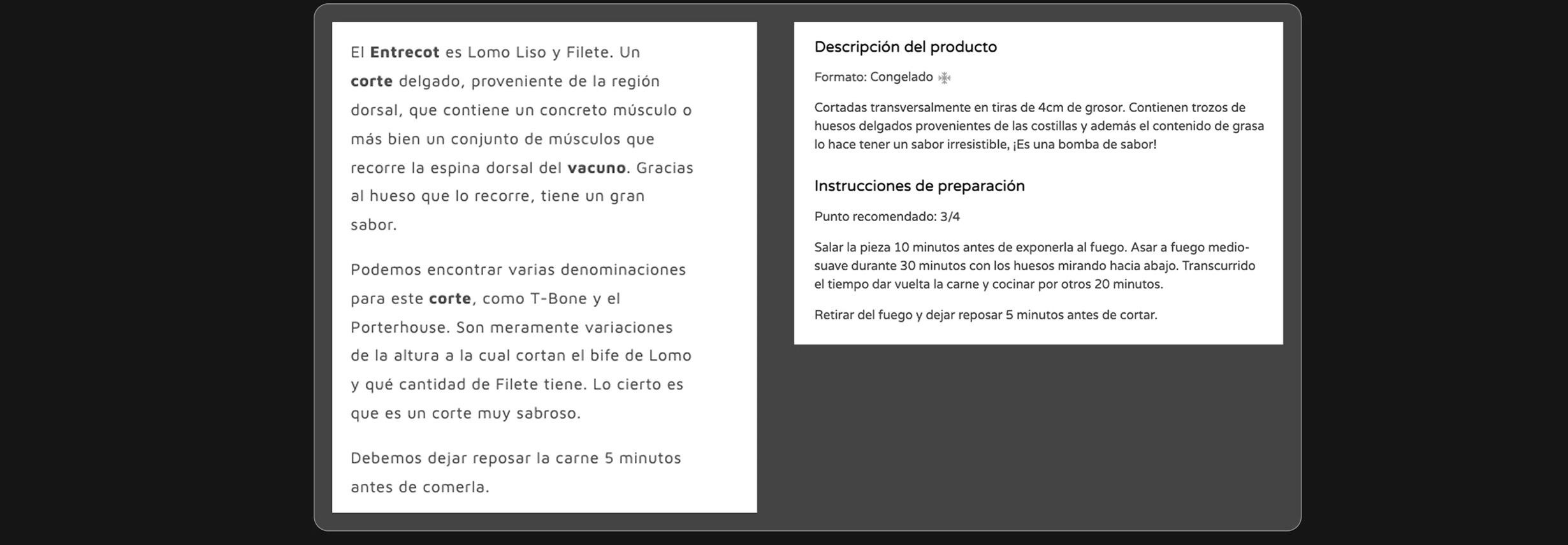 Example of a cut's description and preparation instructions